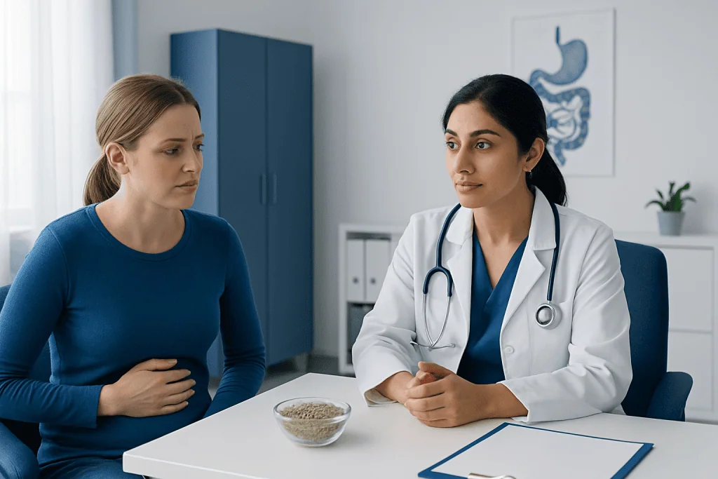Doctor consulting with a patient in a medical office setting.