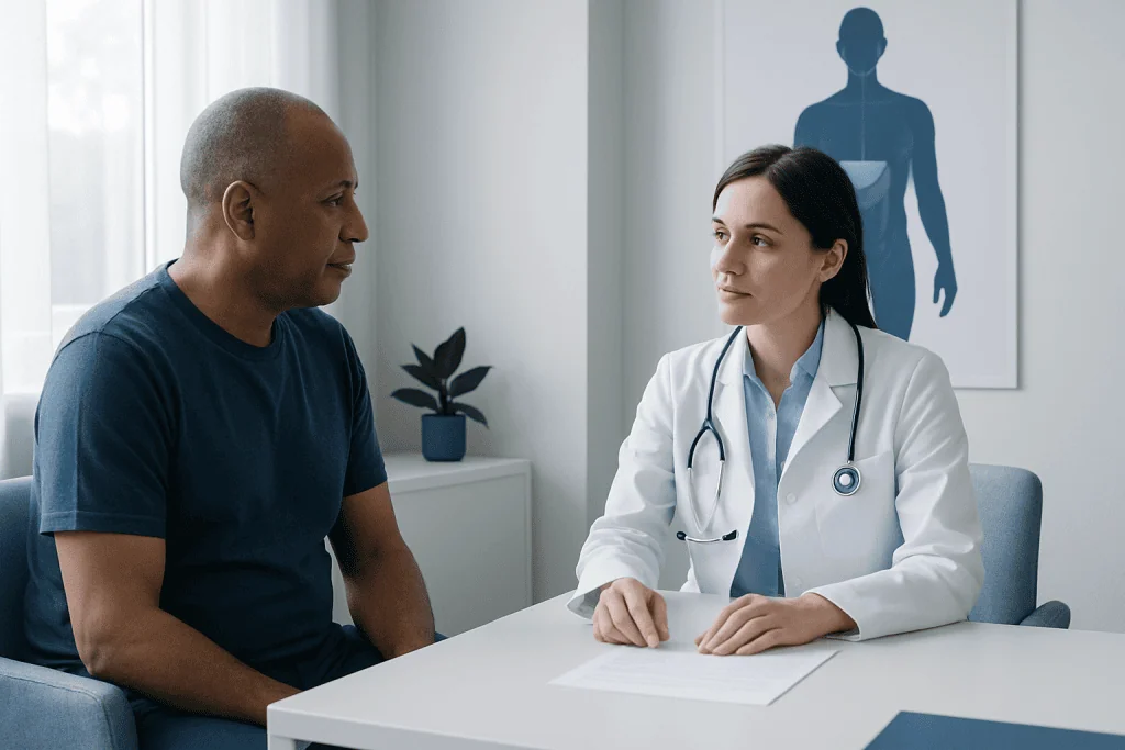 Doctor consulting with a patient in a modern medical office.