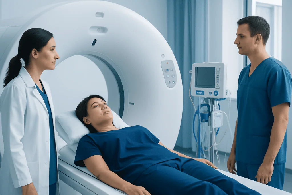 Medical professionals preparing a patient for a CT scan at Acibadem Hospital.