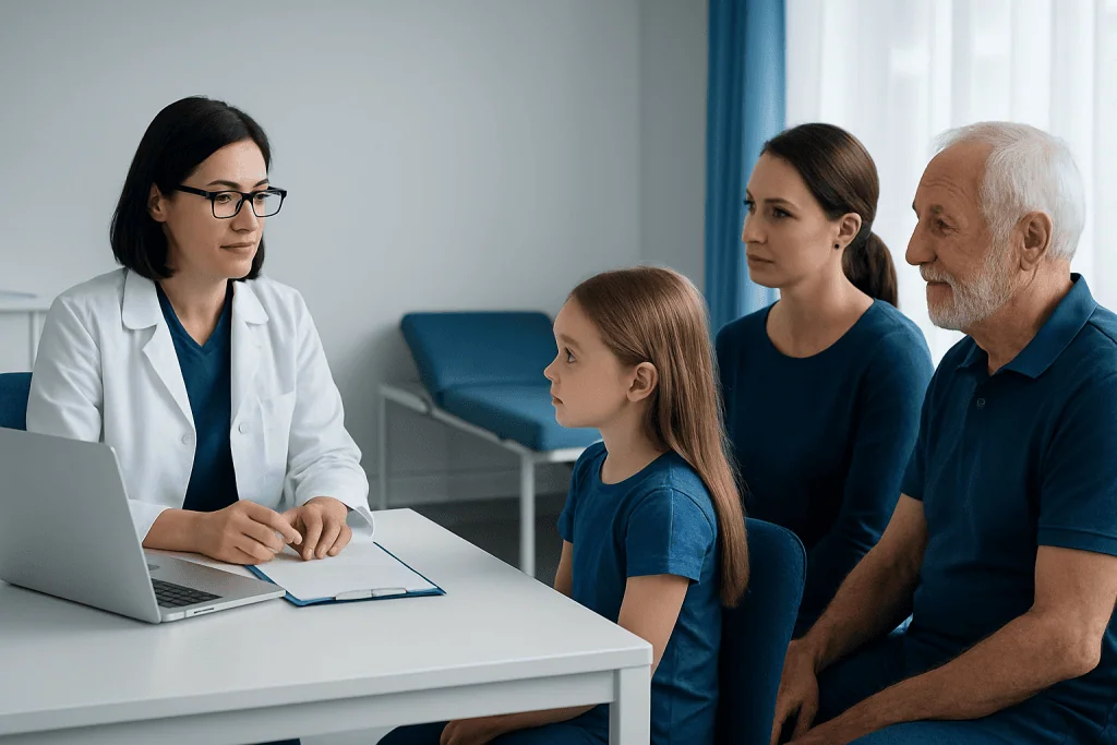Doctor consulting with a family in a medical office setting.
