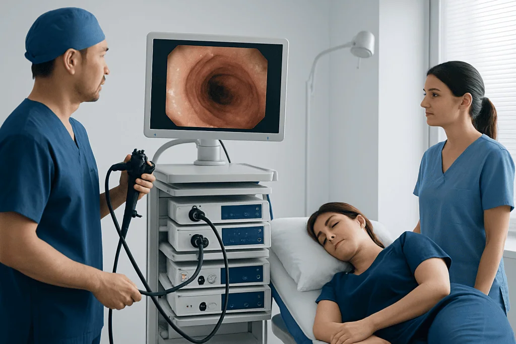 Endoscopy procedure in a hospital setting with medical staff and patient.