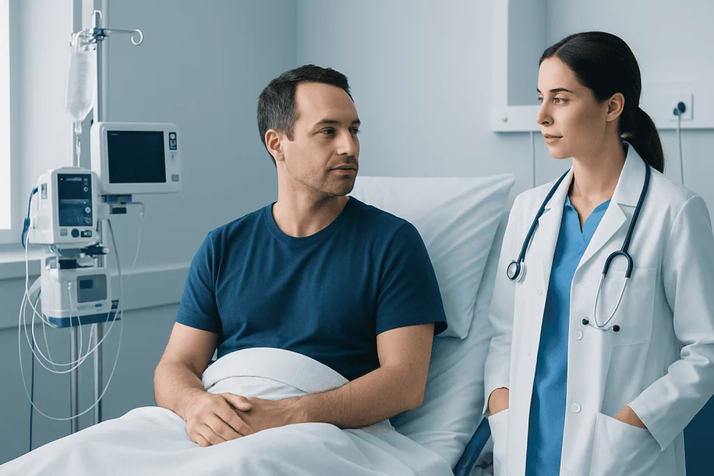 Patient and doctor having a consultation in a hospital room.