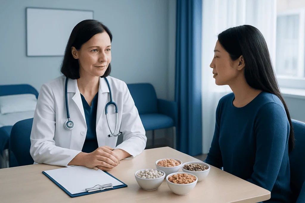 Doctor consulting with patient about high fiber foods and health benefits.