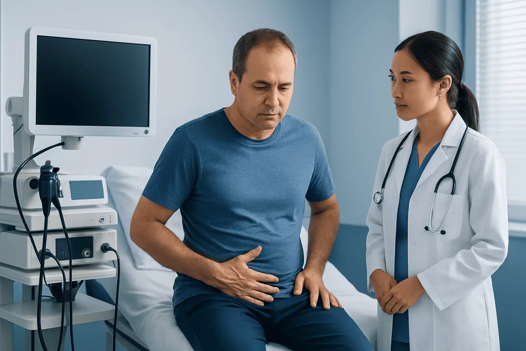Doctor consulting male patient with stomach pain in hospital room.