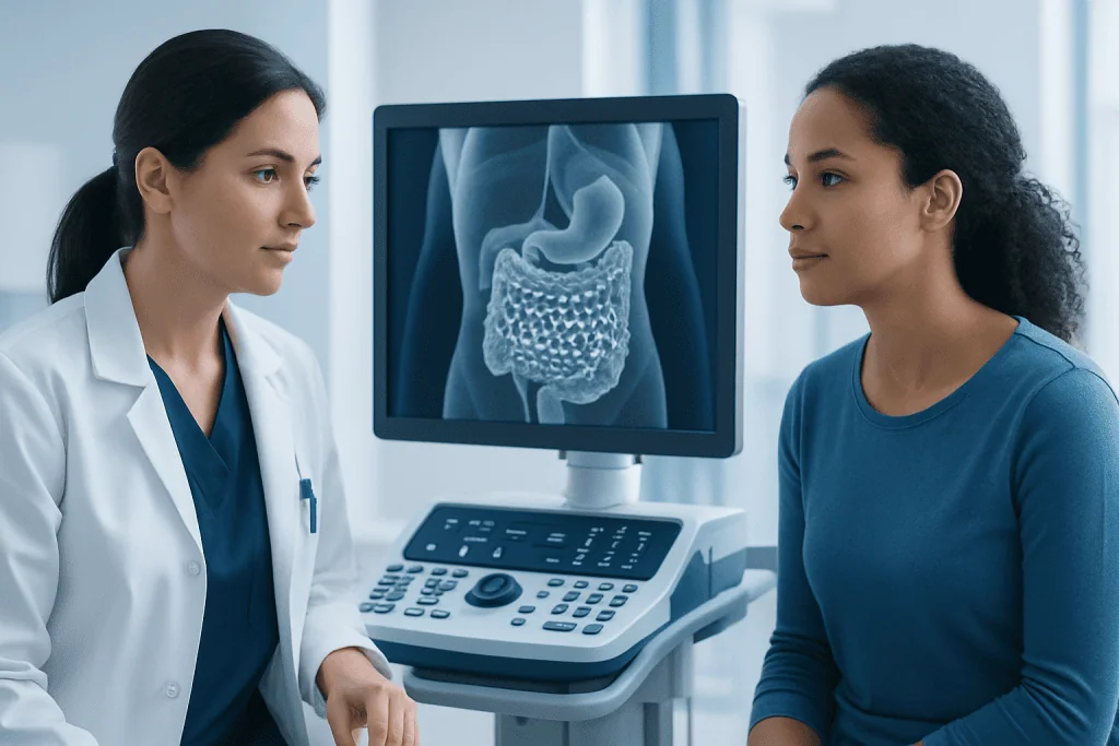 Doctor explaining colon scan results to patient in medical consultation room.