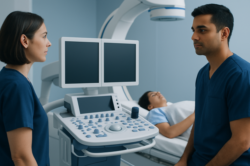 Medical professionals preparing for an ultrasound procedure in a hospital room.