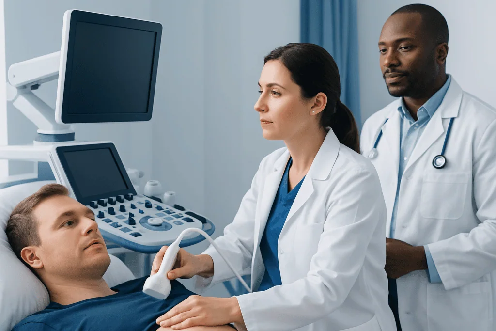 Medical professionals perform an ultrasound examination on a patient in a hospital.
