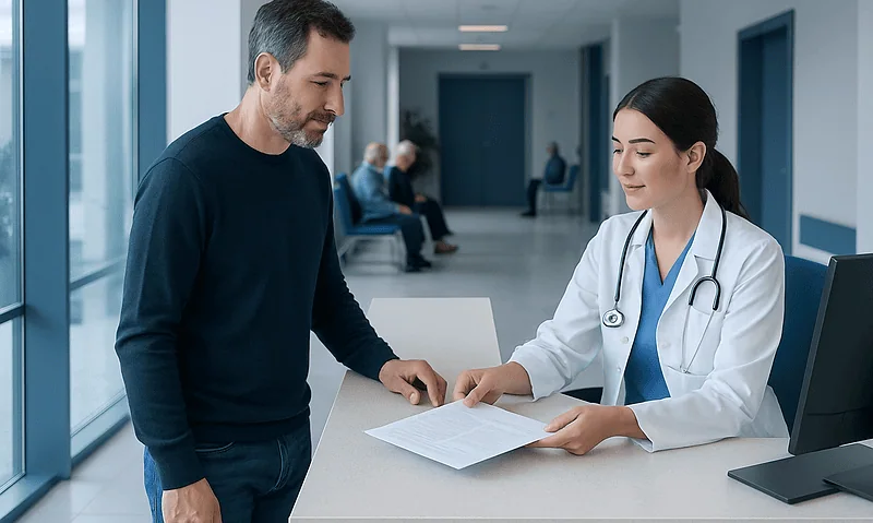 Patient consulting with doctor at hospital reception desk in Turkey.