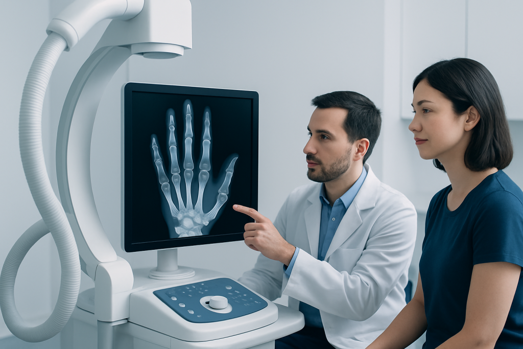 Doctor explaining hand X-ray to patient in a medical clinic.