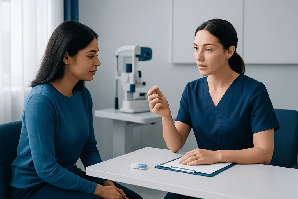 Optometrist consulting with patient about contact lenses in clinic.