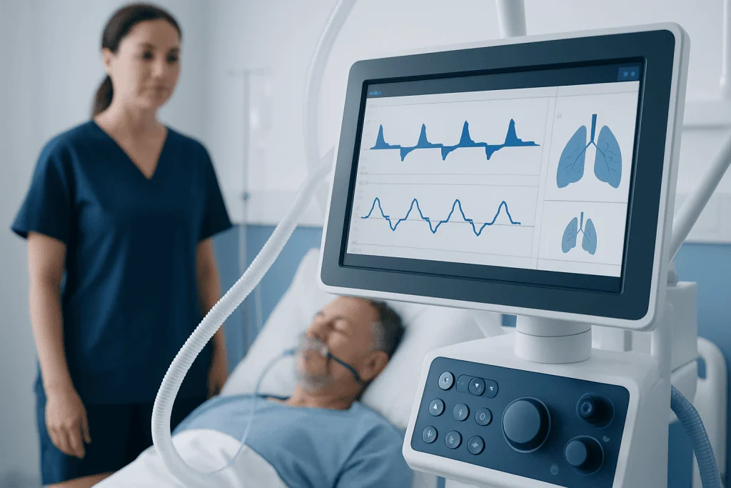 Medical monitor displaying lung and heart data in ICU setting.