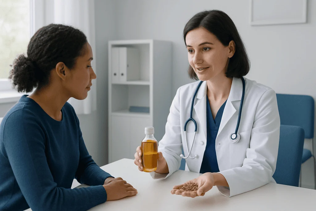 Doctor explaining flaxseed oil benefits to patient in consultation room.