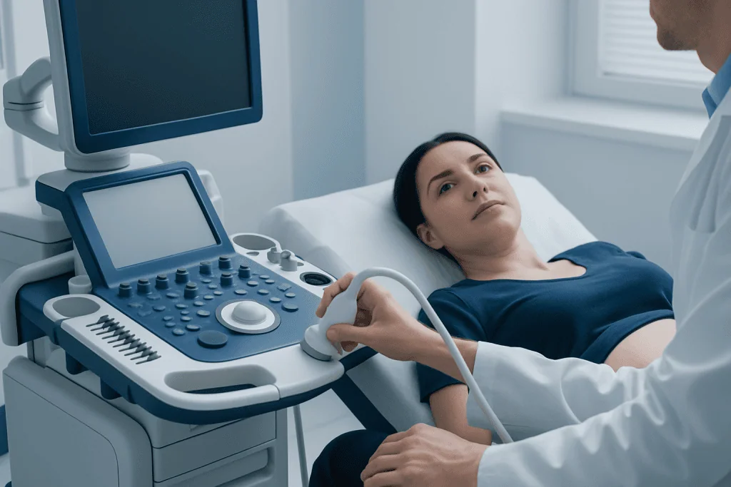 Medical professional performing an ultrasound on a patient in a clinical setting.