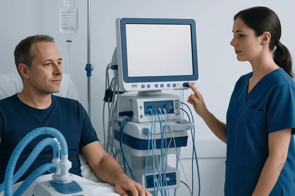 Medical professional explaining patient care with monitor in hospital room.