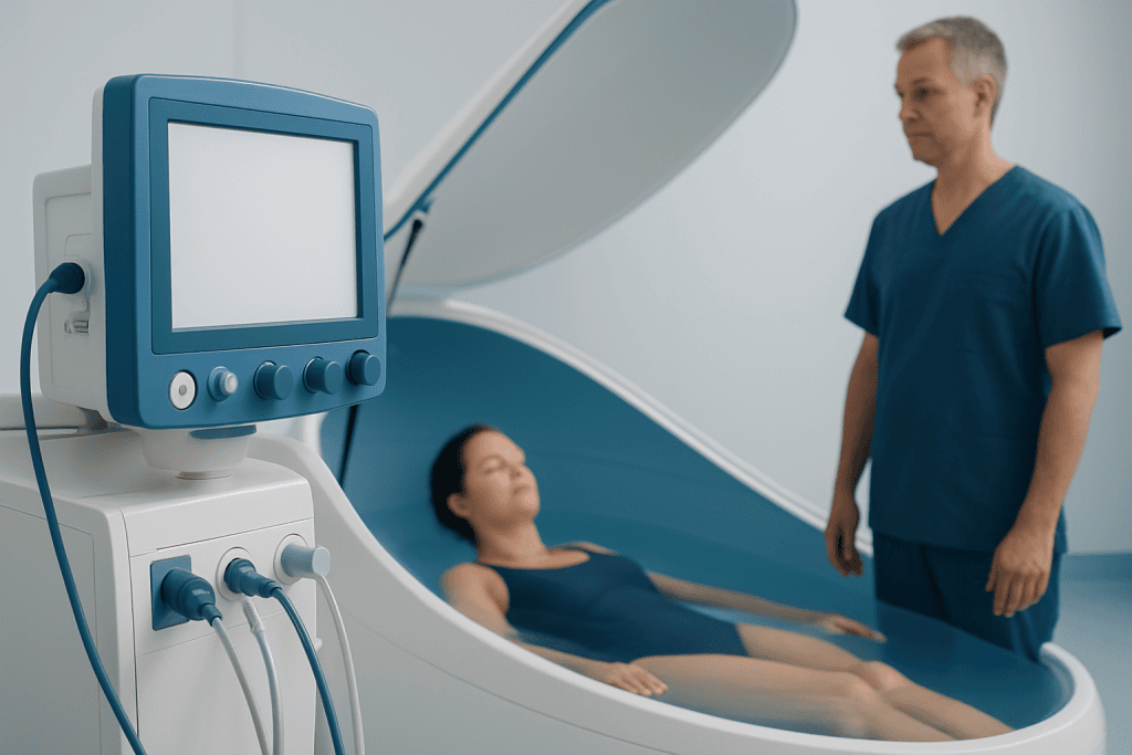 Patient undergoing float therapy in a medical facility with professional supervision.