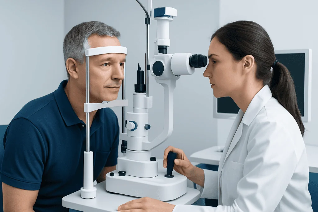 Ophthalmologist examining a patient's eye with a slit lamp.