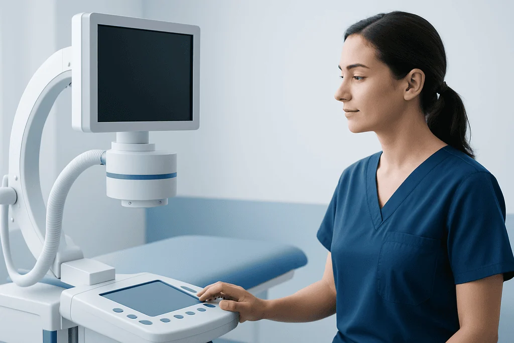 Medical professional operating advanced diagnostic imaging equipment at Acibadem Hospital.
