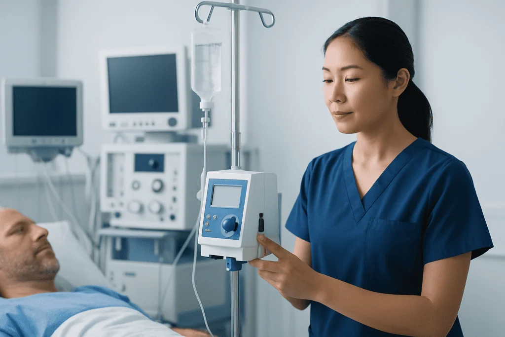 Nurse adjusting IV infusion pump in hospital room with patient.