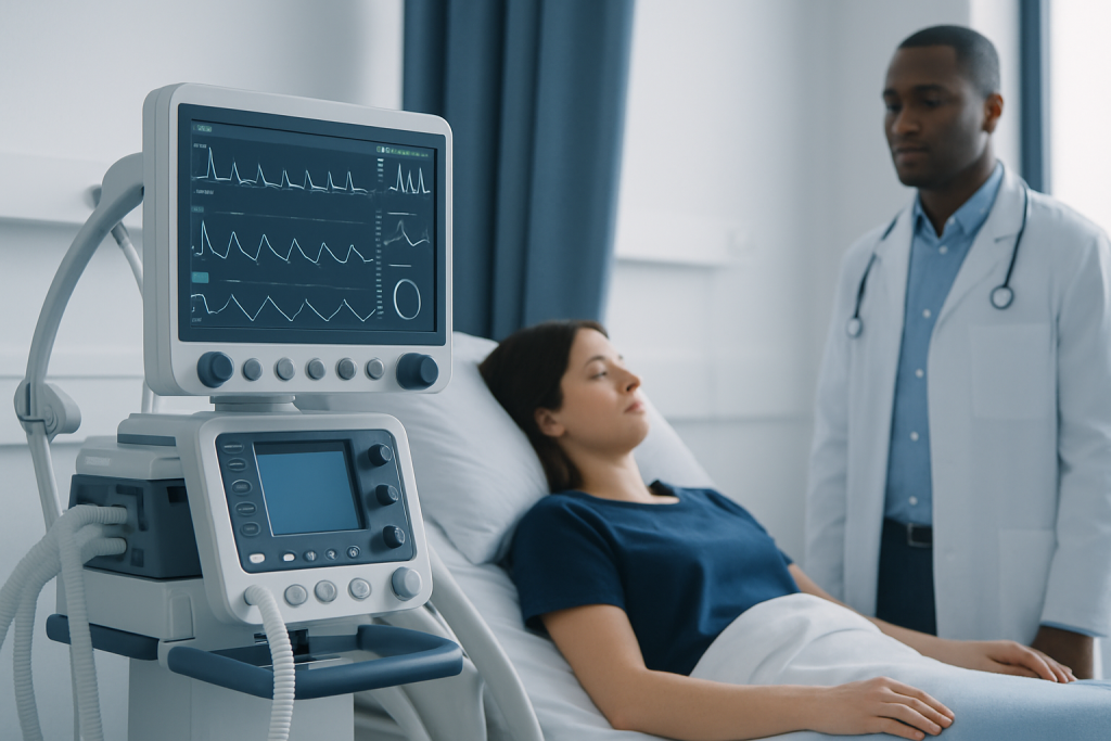 Hospital patient monitor displaying vital signs in a clinical setting.