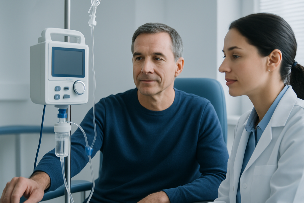 Patient receiving medical treatment in hospital with healthcare professional.
