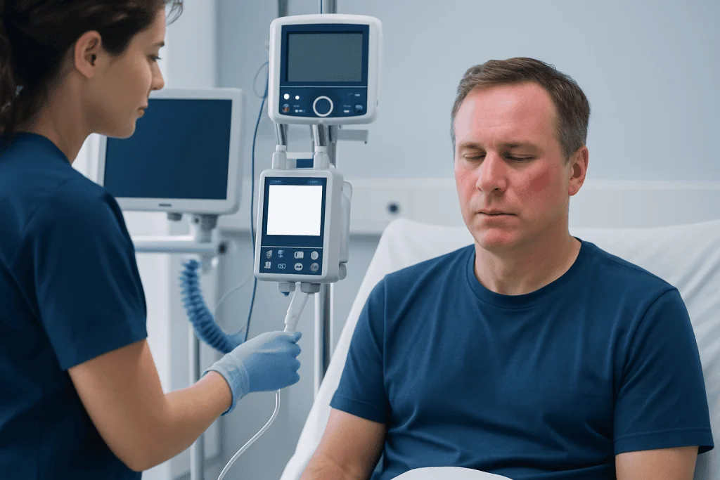 Patient receiving medical care in a hospital room at Acibadem Hospitals Group.