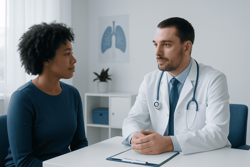 Doctor consulting with a patient in a medical office with lung diagram in background.
