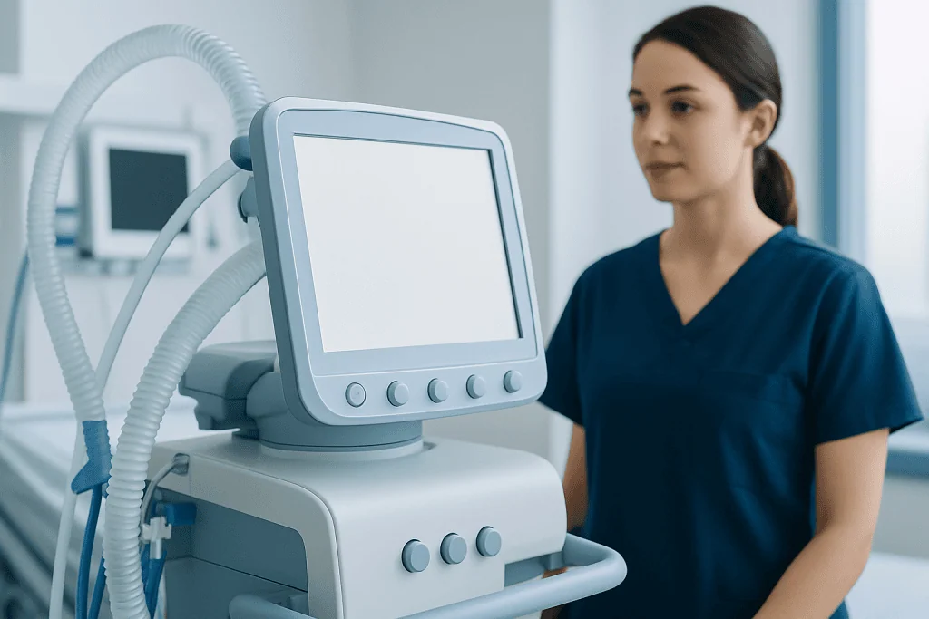 Medical professional in a hospital room with diagnostic equipment.