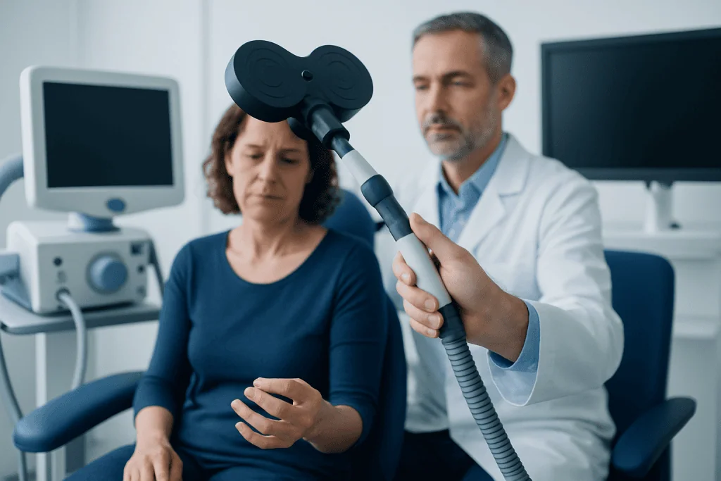 Doctor performing a medical examination on a patient with a handheld device.