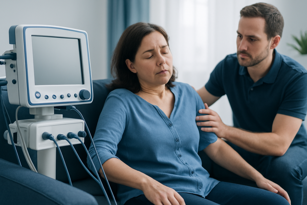 Patient undergoing neurological examination in hospital setting.