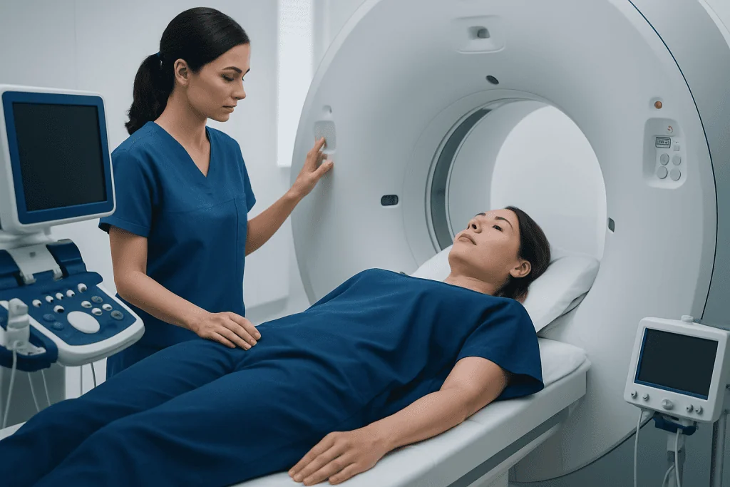 Female patient undergoing MRI scan at Acibadem Hospital.