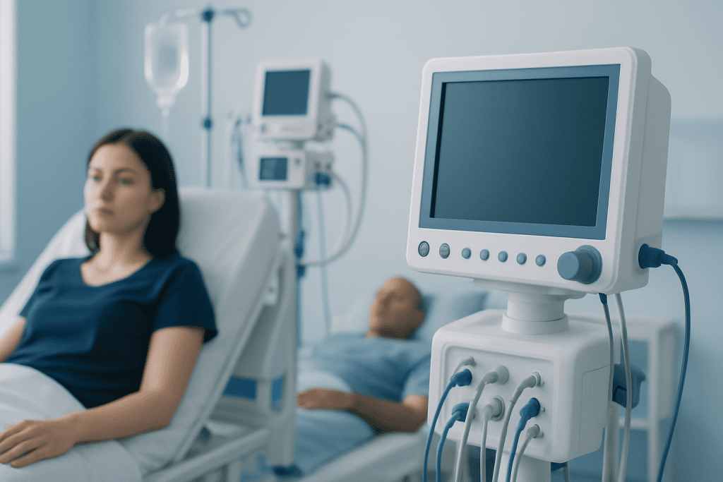 Hospital patient monitoring equipment in a medical setting.