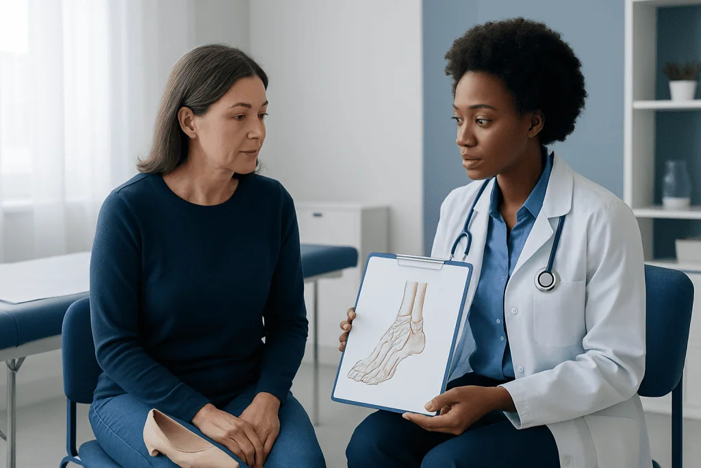 Doctor explaining foot anatomy to a patient in a medical consultation room.