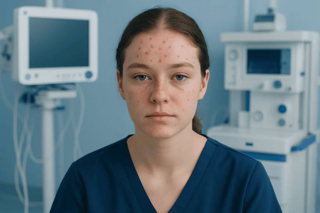 Young woman with forehead acne in a medical clinic setting.