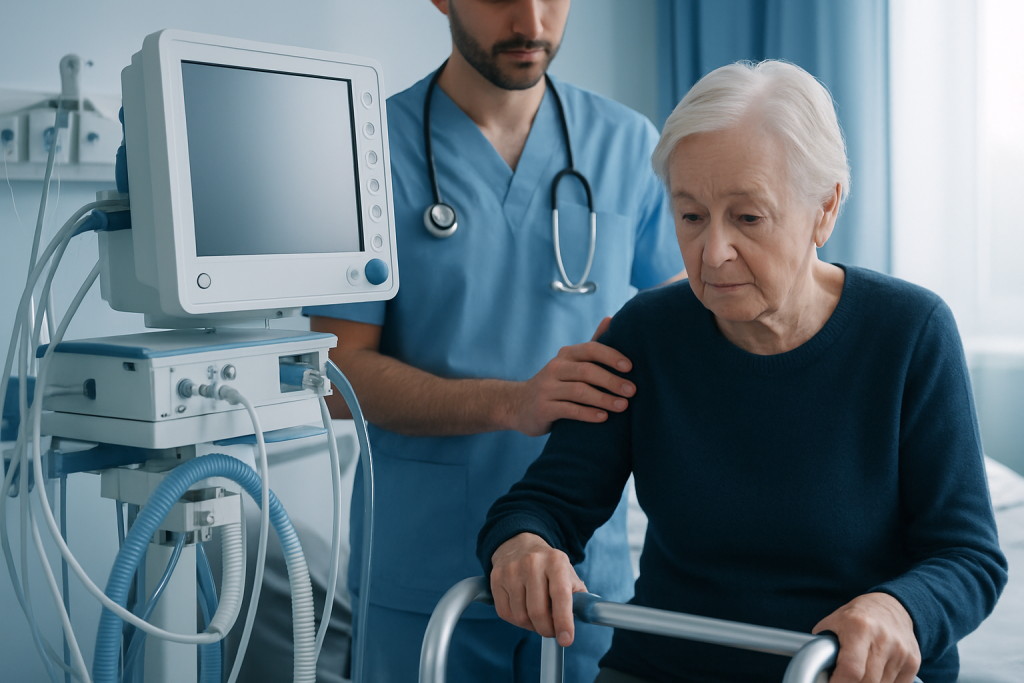 Elderly woman in hospital with medical staff and equipment.