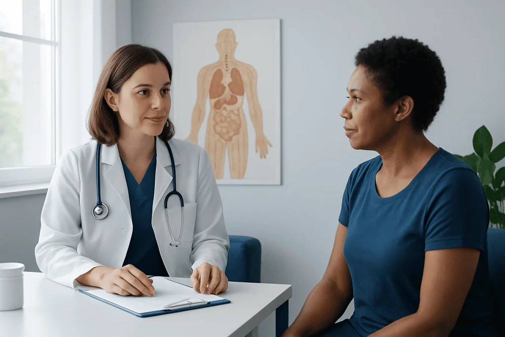 Doctor consulting patient in a medical office with human anatomy diagram.