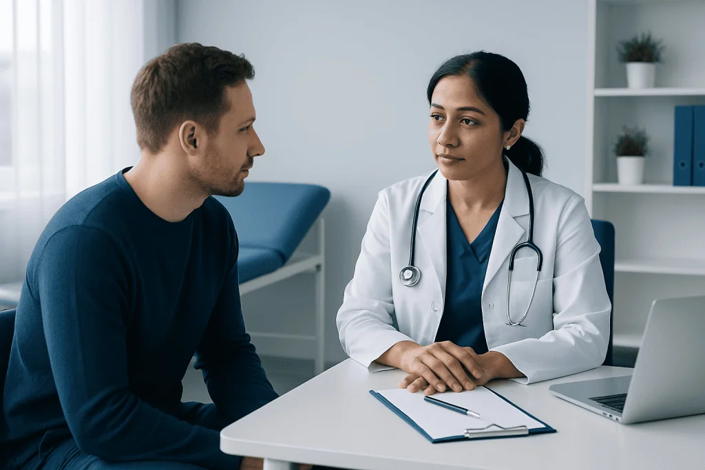 Doctor consulting with a patient in a medical office setting.