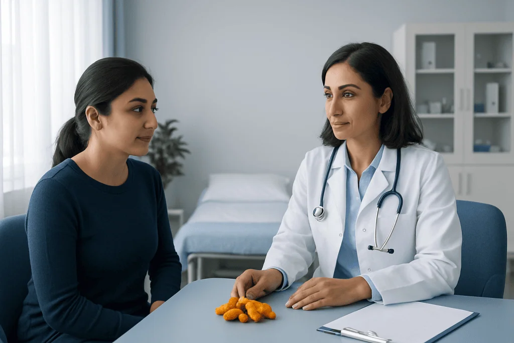 Doctor consulting with a patient about turmeric health benefits in a clinic.