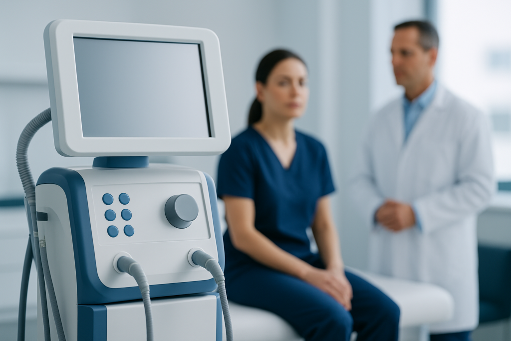 Medical consultation room with a patient and doctor, medical device in foreground.