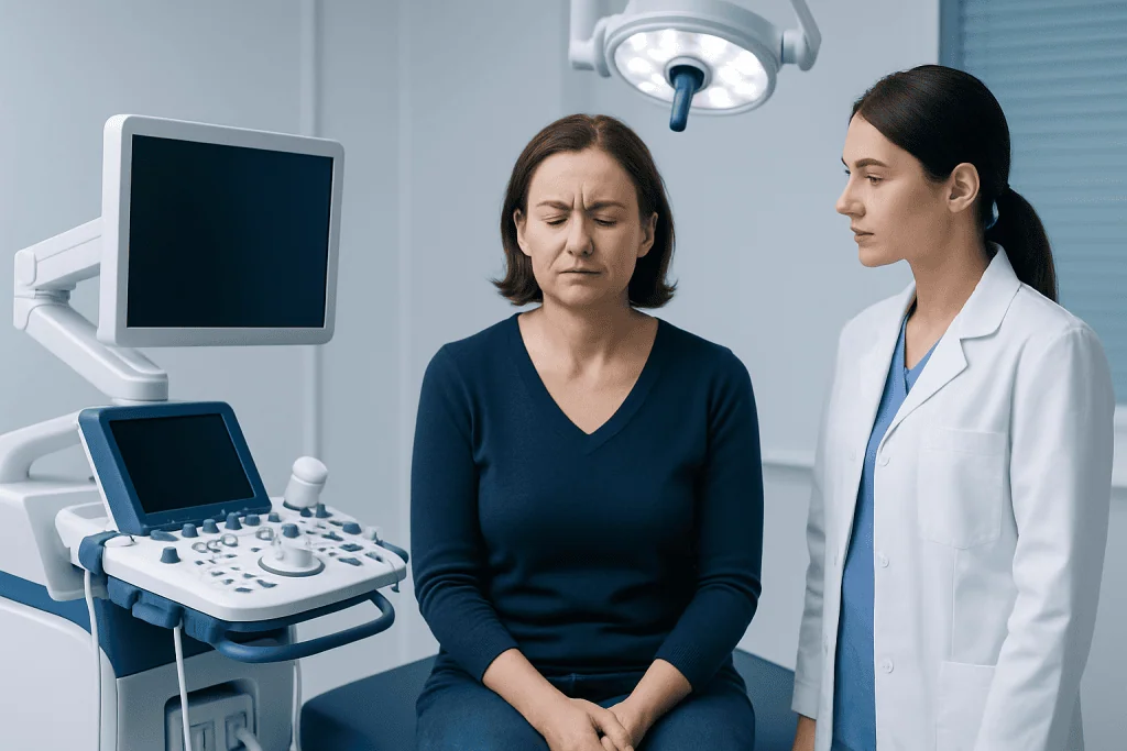 Patient experiencing forehead discomfort during medical consultation at Acibadem Hospital.