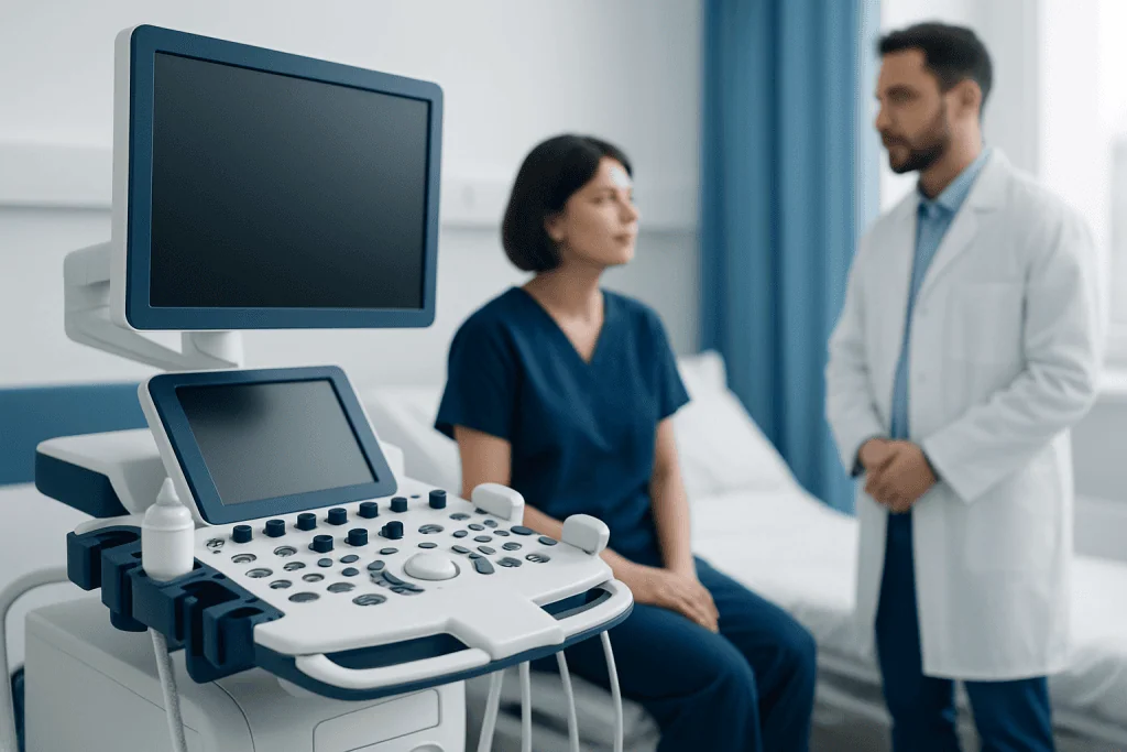 Doctor consulting a patient in a hospital room with ultrasound equipment.