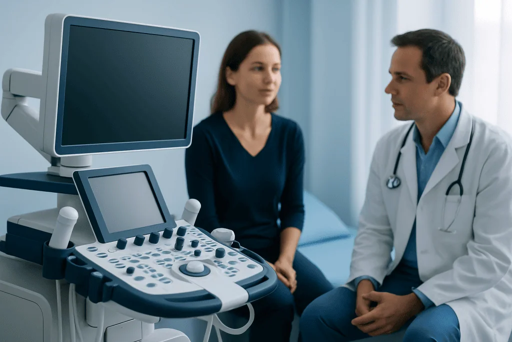 Doctor consulting patient with ultrasound equipment in hospital.