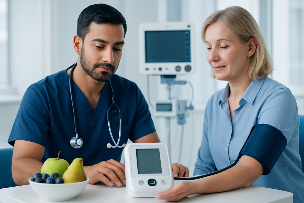 Healthcare professional measuring blood pressure of a woman in a medical setting.