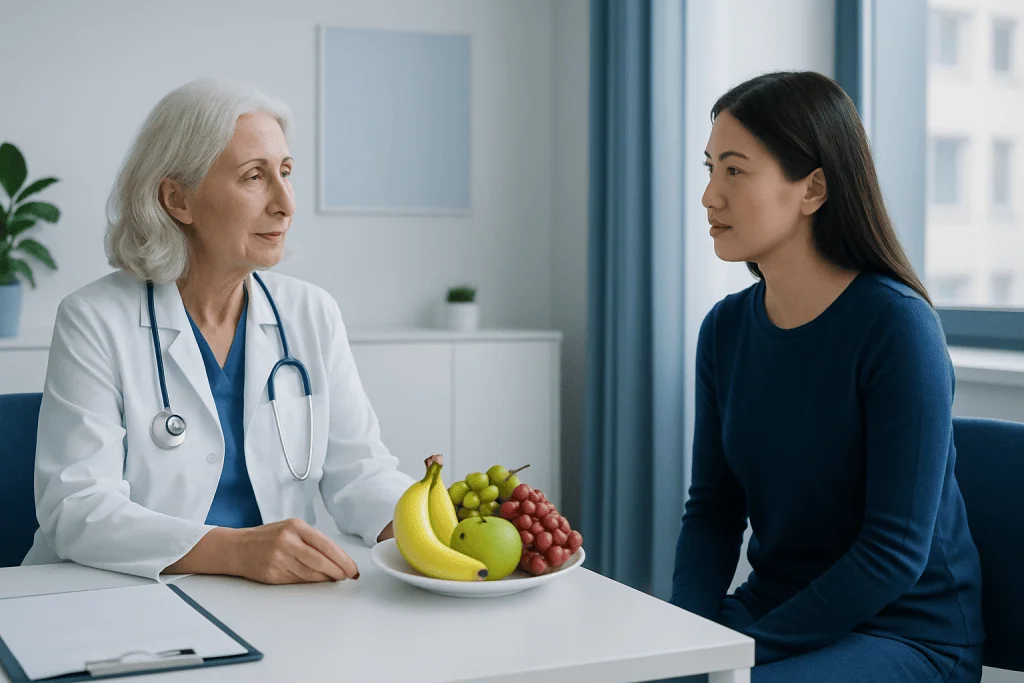 Doctor discussing high sugar fruits with patient in a medical consultation.