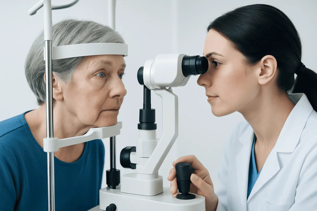 Ophthalmologist examining elderly woman's eye with slit lamp.