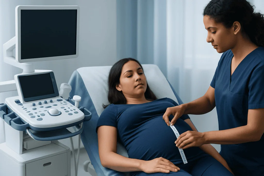 Pregnant woman undergoing ultrasound examination in hospital.