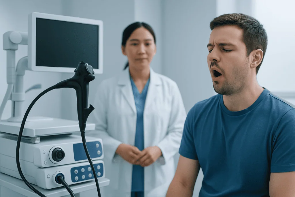 Patient experiencing gagging during medical examination in hospital setting.