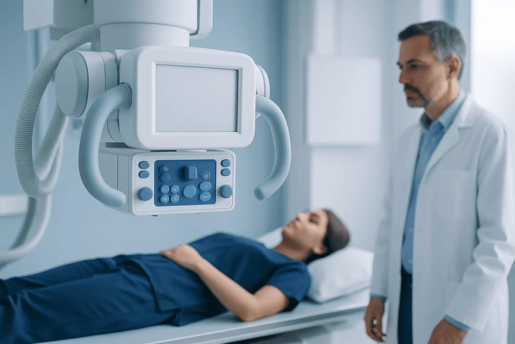 Medical professional monitoring patient during diagnostic imaging procedure.