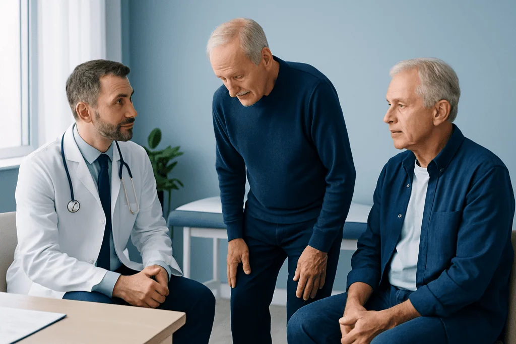 Doctor consulting with elderly patient and caregiver in a medical office.