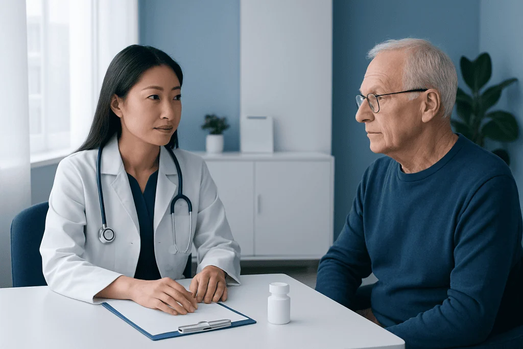 Doctor consulting with elderly patient in a medical office.