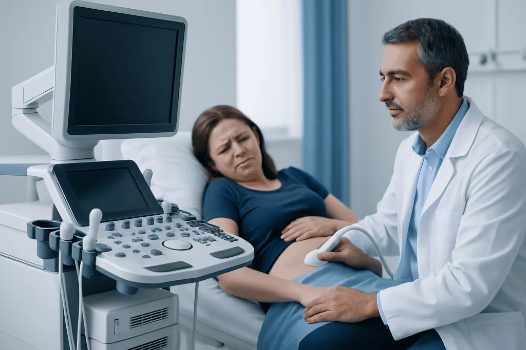 Doctor performs ultrasound on woman with gallbladder pain in hospital.